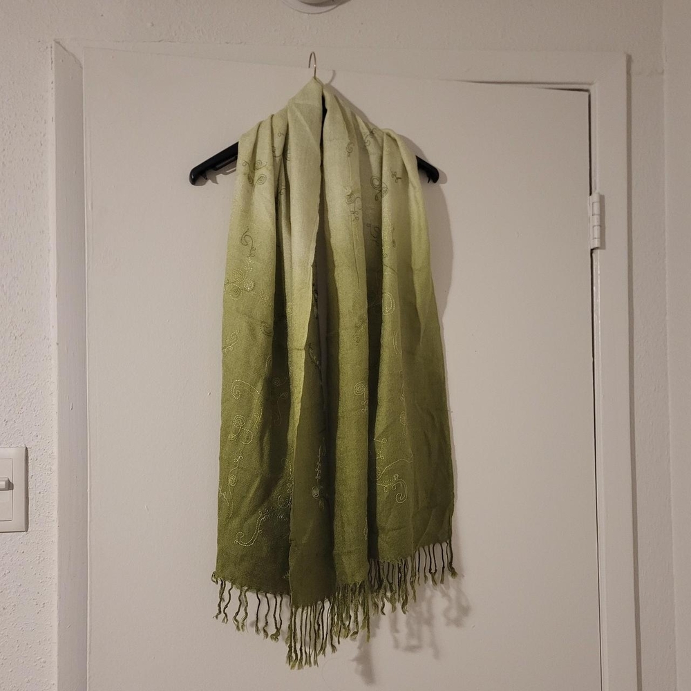 Green Ombre Embroidered Fringe Scarf